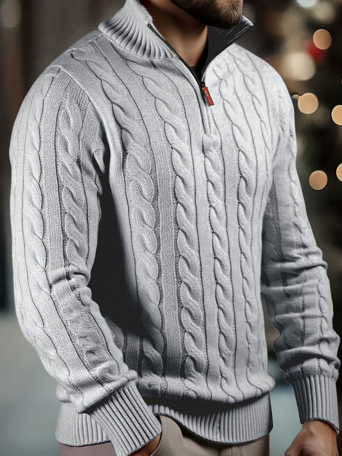 Men's Fashion High-Neck Zipper Twist Knit Sweater, Solid Color Versatile Pullover, Soft Medium-Stretch Fabric, Suitable for Autumn/Winter Office, Date Night, Casual Wear, Ideal as a Gift - Grey