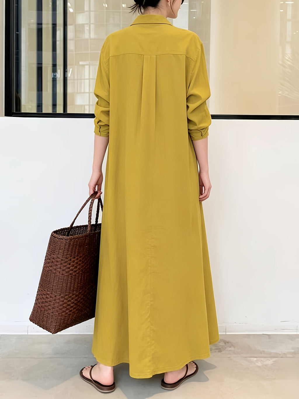 In Stock European And American New Solid Color Lapel Long Sleeve Pocket Easy Loose Casual Long Dress 1pc - Golden Yellow
