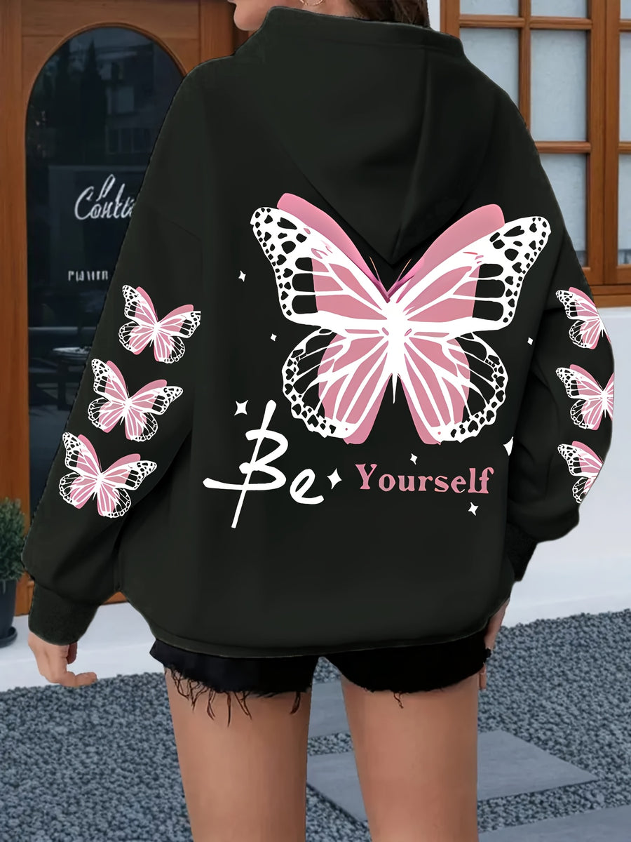 Women's Casual Printed Hoodie - Pink with Pattern Design, Self-Expression Text, Machine Washable, Regular Fit for Autumn/Winter, Suitable for Daily Wear, Home, and Outdoor - Fashionable Women's Hoodie, Comfortable Hooded Sweatshirt - Black