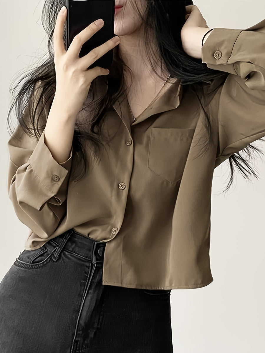 Easy Versatile Single-Button Loose Casual Solid Color Long Sleeve Shirt Top Women'S - 【Brown】