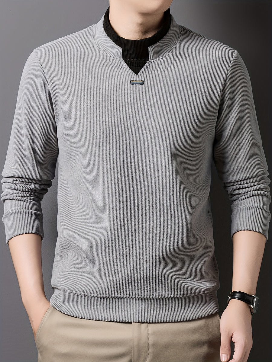 New High-Neck Men's Base Layer Shirt, Fashionable Trendy Casual -Lined Warm Sweater, Stylish Skin-Friendly Men's Autumn-Winter Knit Top F2136 - Grey