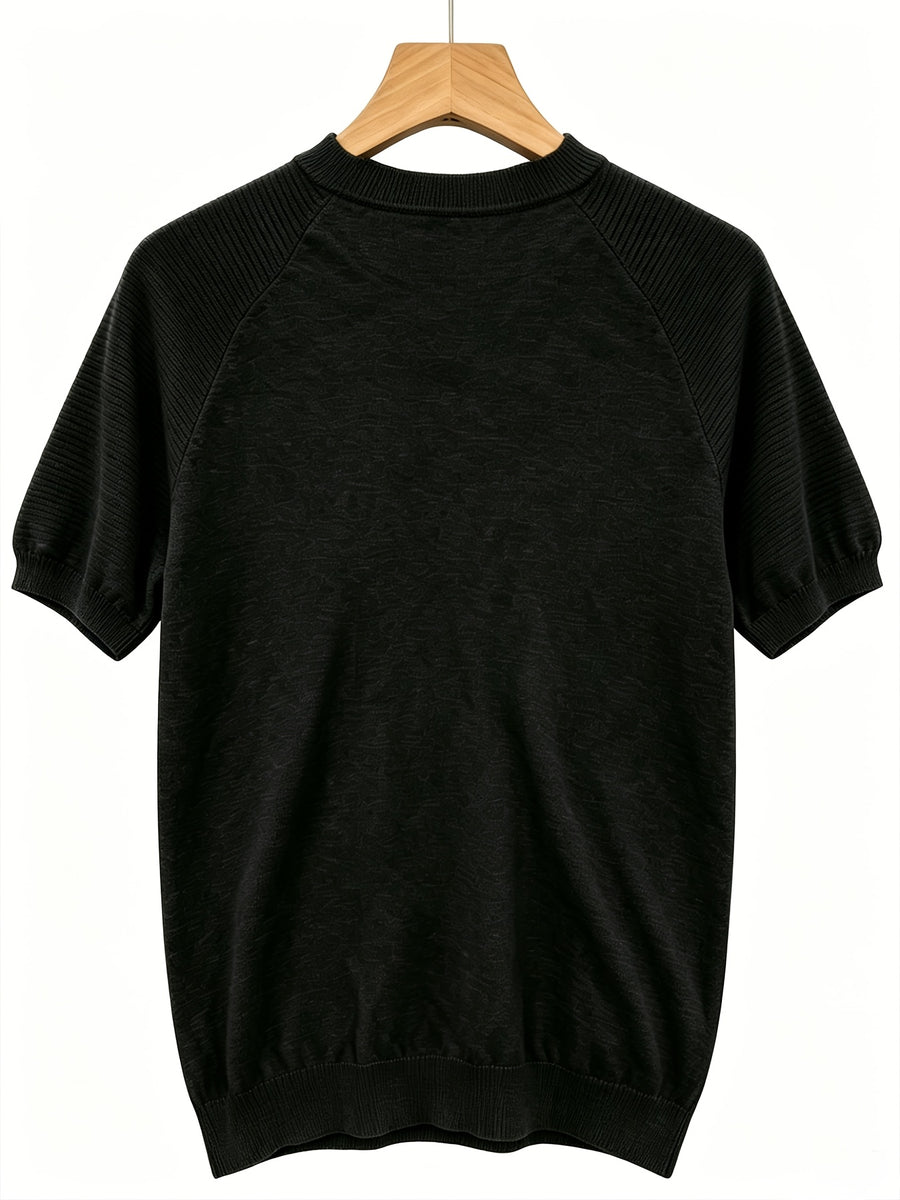 2026 Light Luxury Texture Men'S Off-Shoulder Knit Short Sleeve, Comfortable And Breathable Summer T-Shirt - Black