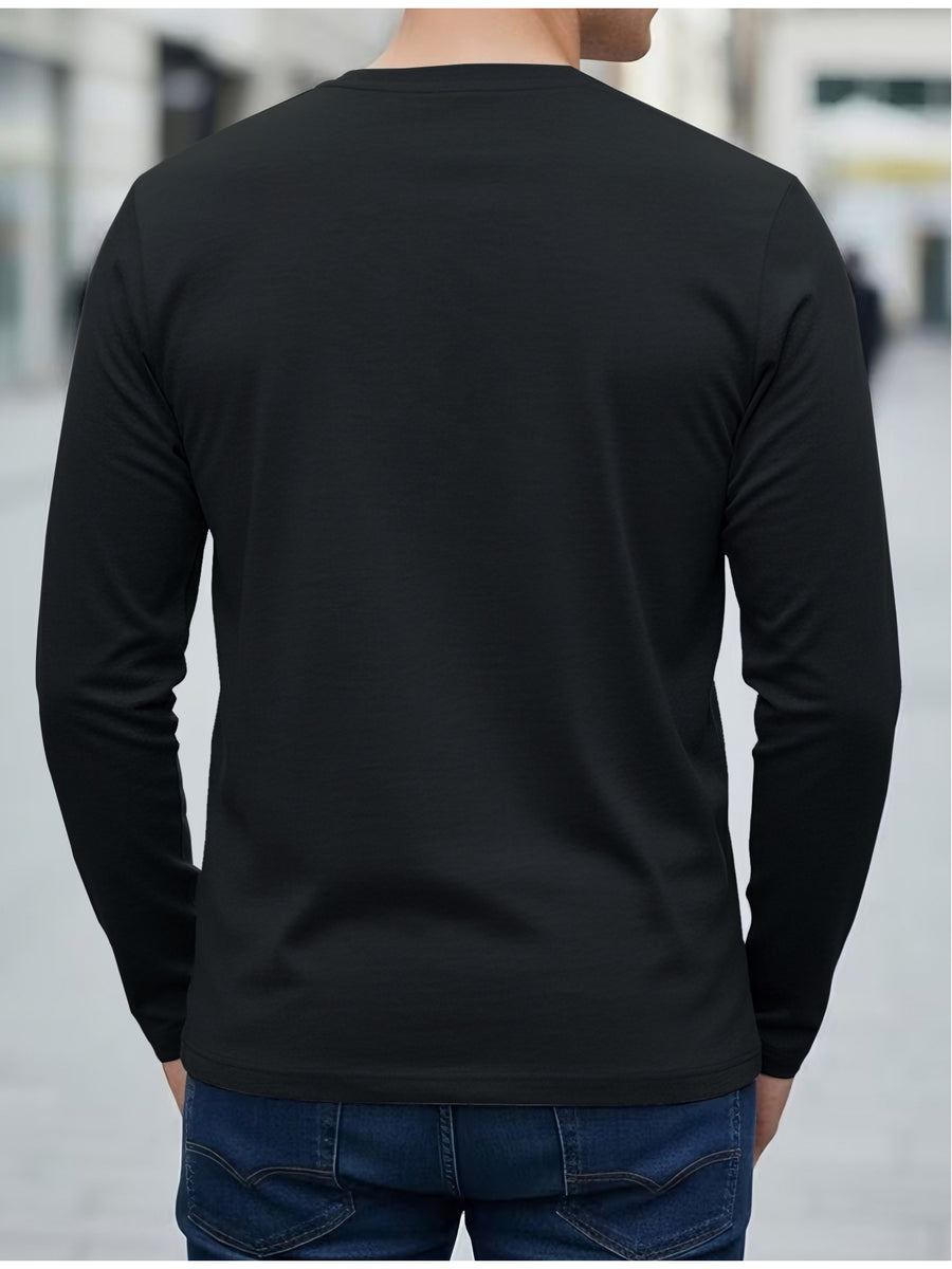 100% Cotton Men's Long-sleeve T-shirt, Featuring Trendy Printed Patterns, Comfortable and Breathable for All-season Wear, an Essential for Casual Outings, and Machine Washable - Black