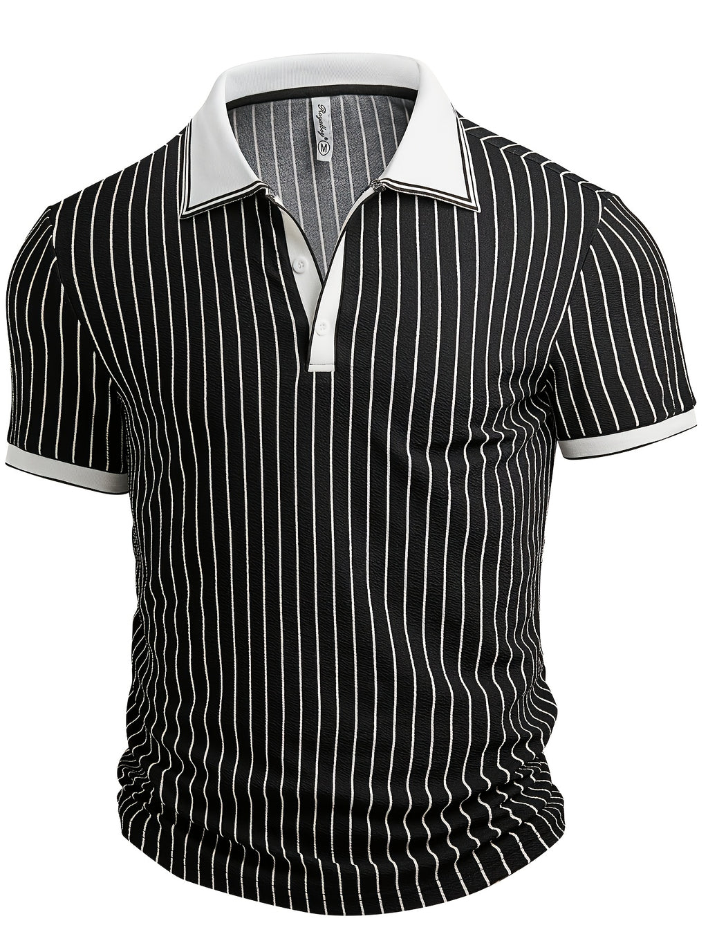 Men's Summer Textured Striped Fabric  POLO Collar Design Short Sleeve Fashionable Outdoor Sports POLO Shirt - White And Black Stripe