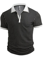 Men's Summer Textured Striped Fabric  POLO Collar Design Short Sleeve Fashionable Outdoor Sports POLO Shirt - White And Black Stripe