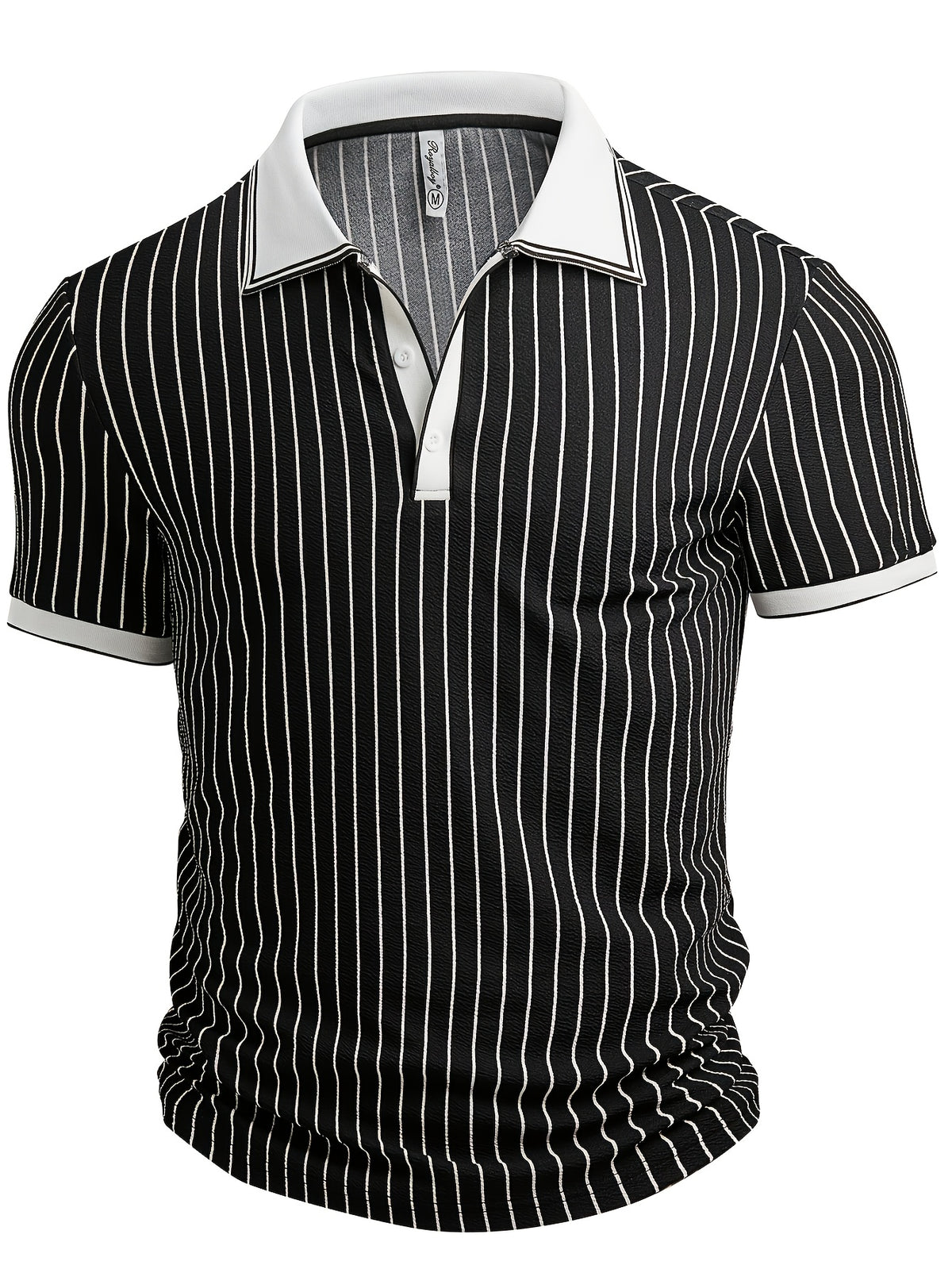 Men's Summer Textured Striped Fabric  POLO Collar Design Short Sleeve Fashionable Outdoor Sports POLO Shirt - White And Black Stripe