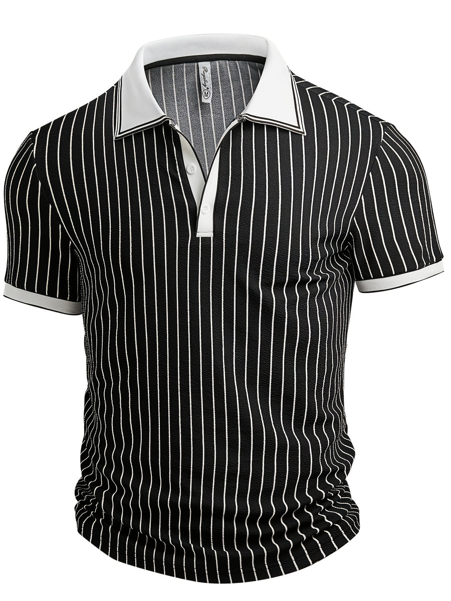 Men's Summer Textured Striped Fabric POLO Collar Design Short Sleeve Fashionable Outdoor Sports POLO Shirt - White And Black Stripe