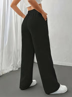 Women's Elegant High-Waisted Wide-Leg Jogger Pants - Navy Blue Tapered Ankle with Drawstring Waist & Double Pocket, All-Season Lightweight Trousers for, Lounge, Outdoor & Casual Attire, Machine Washable Casual Elegant Pants - Black