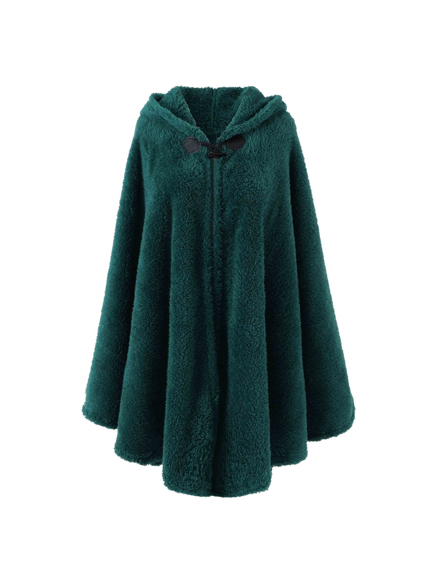 Plus Size - 1pc Faux Horn Button Size Free Solid Color Fashion Hooded Cape - Dark Green