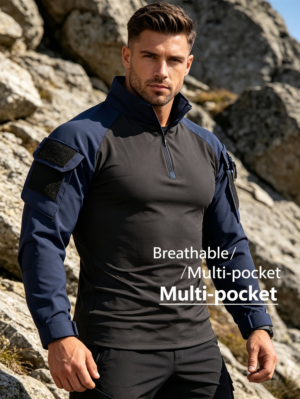 Outdoor Tactical Long-Sleeve Frog Suit Spring Autumn Men'S Stand-Collar Patchwork Elastic Breathable Top Thin Mountaineering Hiking Training Uniform - Navy Color