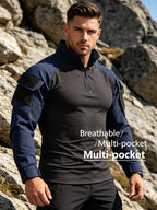 Outdoor Tactical Long-Sleeve Frog Suit Spring Autumn Men'S Stand-Collar Patchwork Elastic Breathable Top Thin Mountaineering Hiking Training Uniform - Navy Color