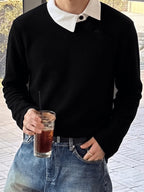Stylish Men'S Color-Blocked Collar Long-Sleeve Knitted Polo Shirt with Casual Asymmetric Button Design - Black