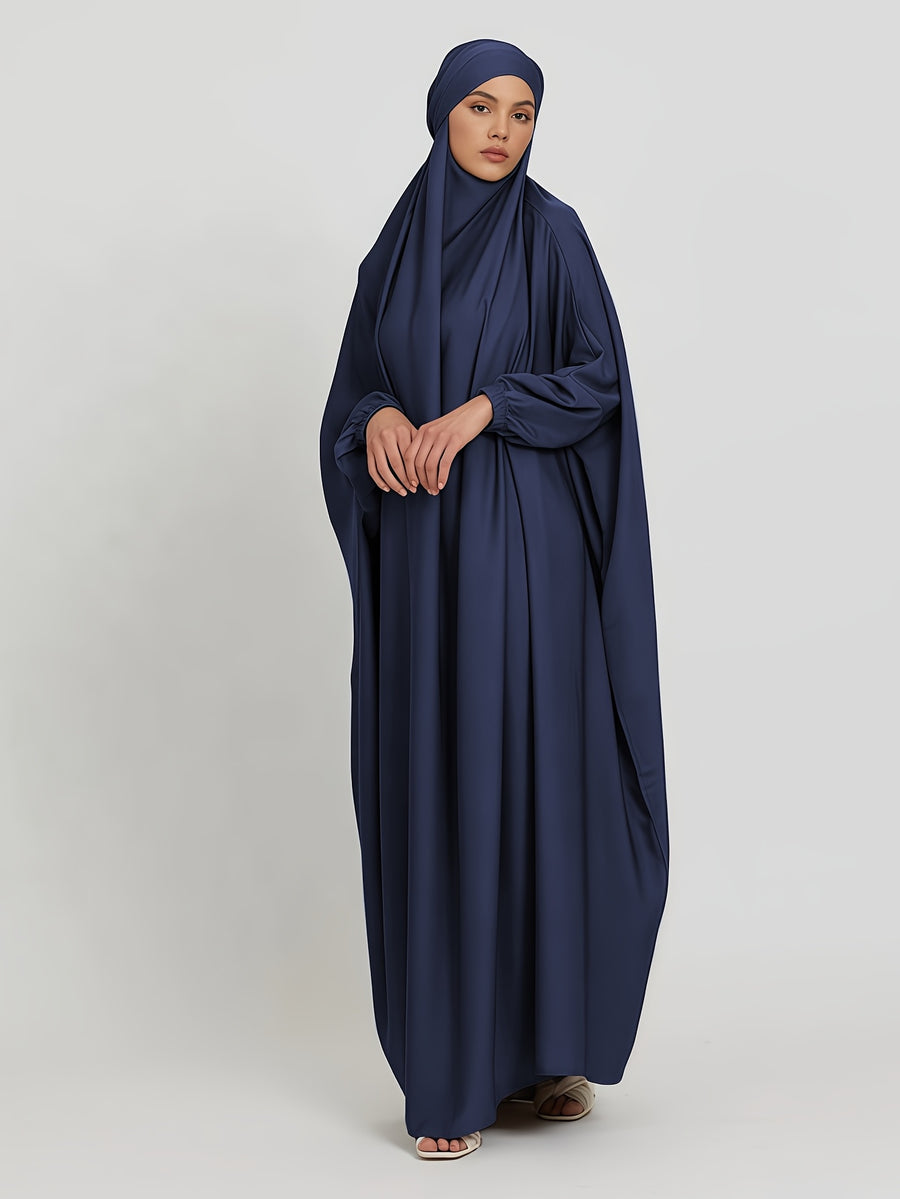 1pc Jilbab, 1pc Khimar with a Rich Drape, Cuffed Sleeves, and a Loose Fit, Suitable for Busy Daily Wear or Worship - Navy Color