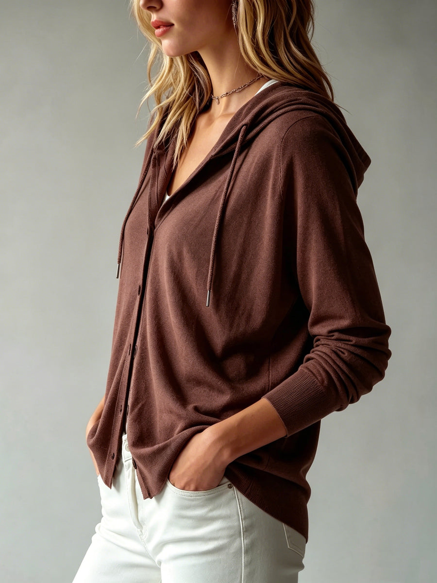 Lyocell Tencel Women'S Sweater Cardigan Hooded Cardigan Women'S Spring Autumn Winter Style Long Sleeve Button Loose Coat, Western Style Casual Temperament Top, Drawstring Hood Design, Daily Commute Outing Versatile Outerwear Elegant - Coffee Color