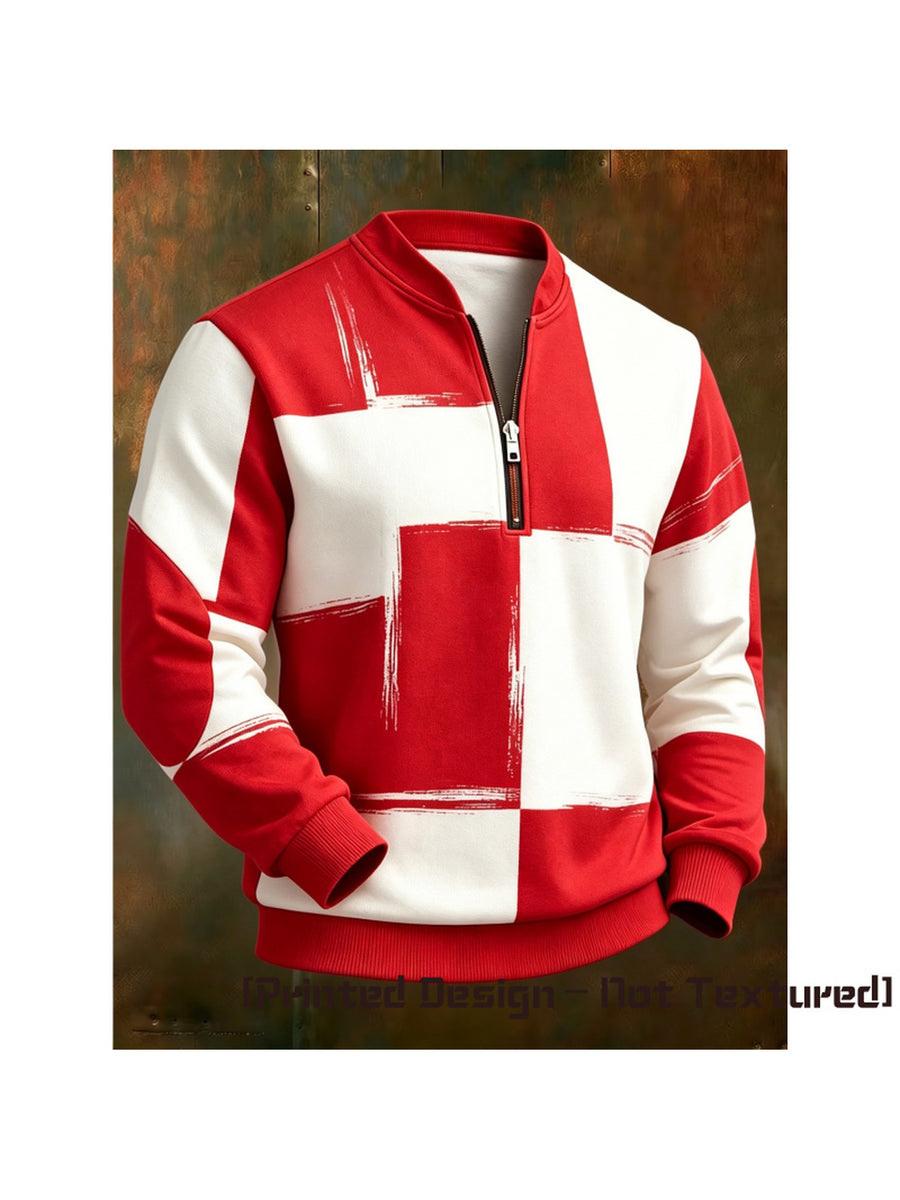 [Print Design - Non-Textured] Men'S Print Stand-Collar Half-Zip Long Sleeve Sweatshirt, Polyester Fabric, Regular Fit, Fashionable Brushstroke Plaid Pattern, Suitable for Casual Wear, Streetwear, And Outdoor Activities - Multicolor 6