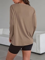 Spring and Autumn Women's Solid Color Curved Hem Long Sleeve T-Shirt, Loose Fit Drop Shoulder with Curved Hem to Cover Hips for a Effect - Camel