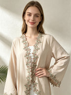 1pc Muslim Women's Arabic Robe - Elegant Middle Eastern Abaya Cardigan with 3 Floral Embroidery, Batwing Sleeves & Front Placket, Loose -Line Batwing Suitable for, Wedding Guest,, Daily Wear - Apricot