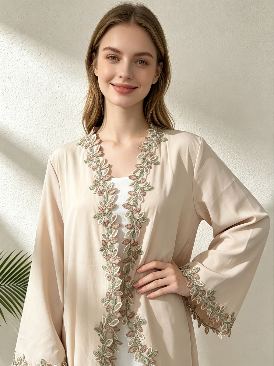 1pc Muslim Women's Arabic Robe - Elegant Middle Eastern Abaya Cardigan with 3 Floral Embroidery, Batwing Sleeves & Front Placket, Loose -Line Batwing Suitable for, Wedding Guest,, Daily Wear - Apricot