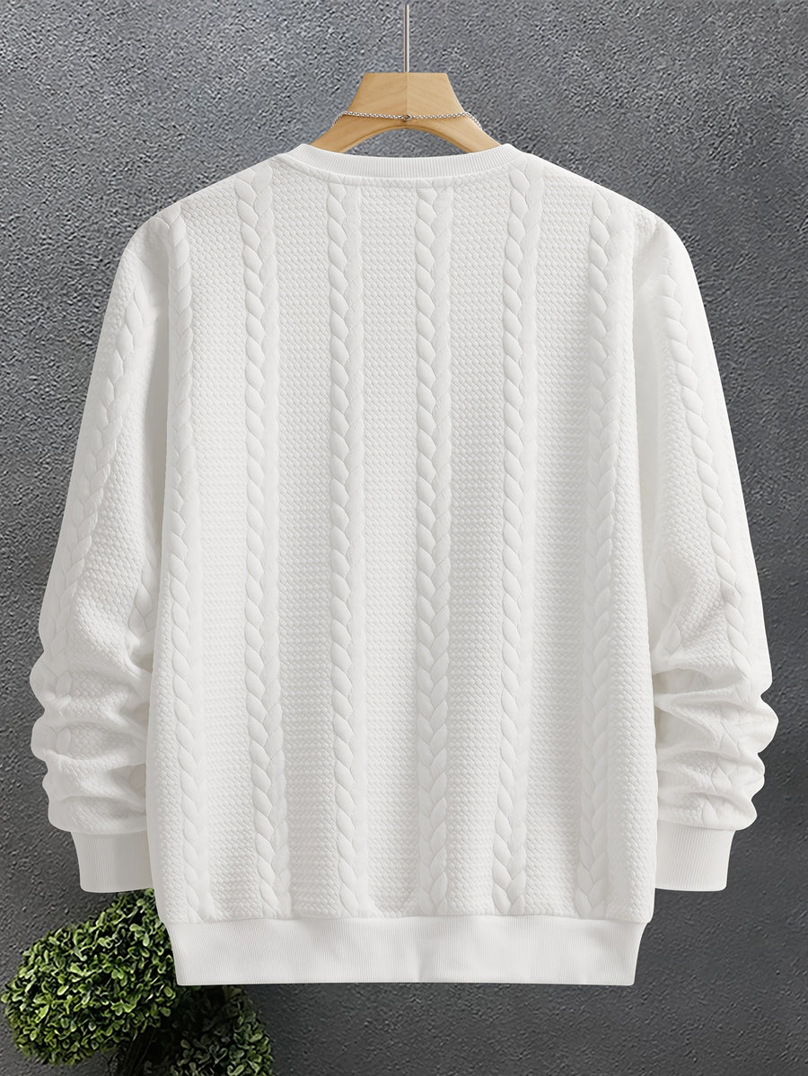 Men'S Fashion Round Neck Sweatshirt, Men'S Round Neck Sweatshirt, Jacquard Design Casual Street sweatshirt, Easy Basic Style Long Sleeve T-Shirt, Athletic sweatshirt, Men'S Casual Wear, Cuffed End, Autumn Essentials - White