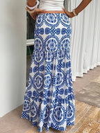Fashionable Women's Tall Summer Printed Skirt, Vacation Skirt. The Tiered Hem Gently Sways with Every Step, While the High-waist Design Elevates Your Silhouette. Perfect for Beach Strolls or Strolling Through Town, It's a Standout Piece for Any - Blue And White Print