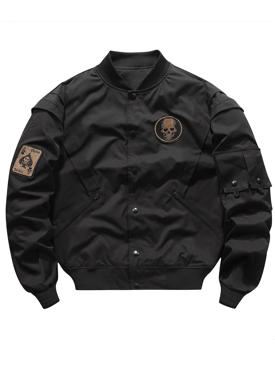 Men'S Baseball Collar Lightweight Bomber Windbreaker | Embroidery Varsity Jacket with Pockets, Non-Stretch Fabric, Regular Fit - Black