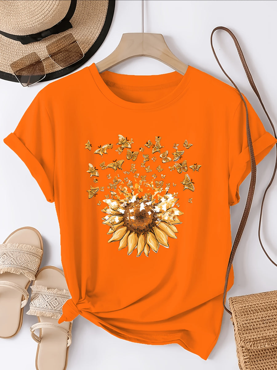 Sunflower Pattern Print - with Bow Design - Casual Round Neck, Short Sleeve, Spring/summer Fashion T-shirt - Orange