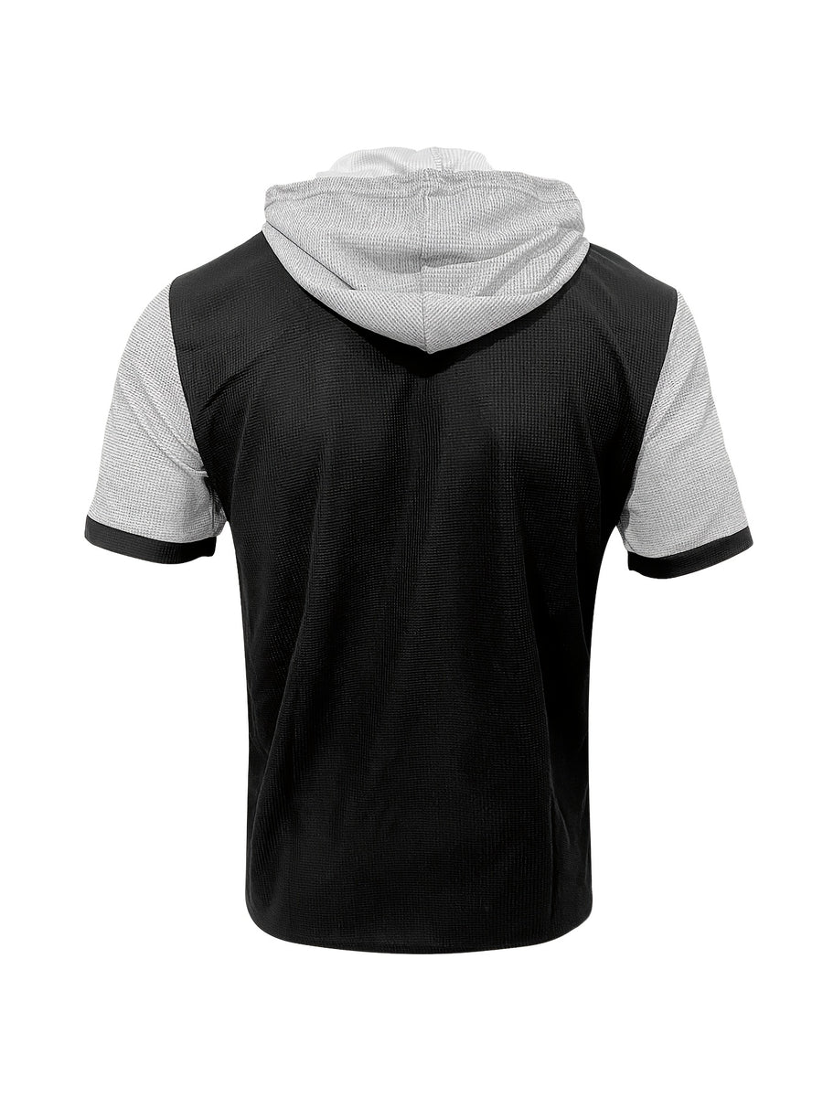European and American Trendy Men's Color-Block Short Sleeve Hooded Waffle Knit Pullover Casual Fashion Sportswear Top - Gray+black