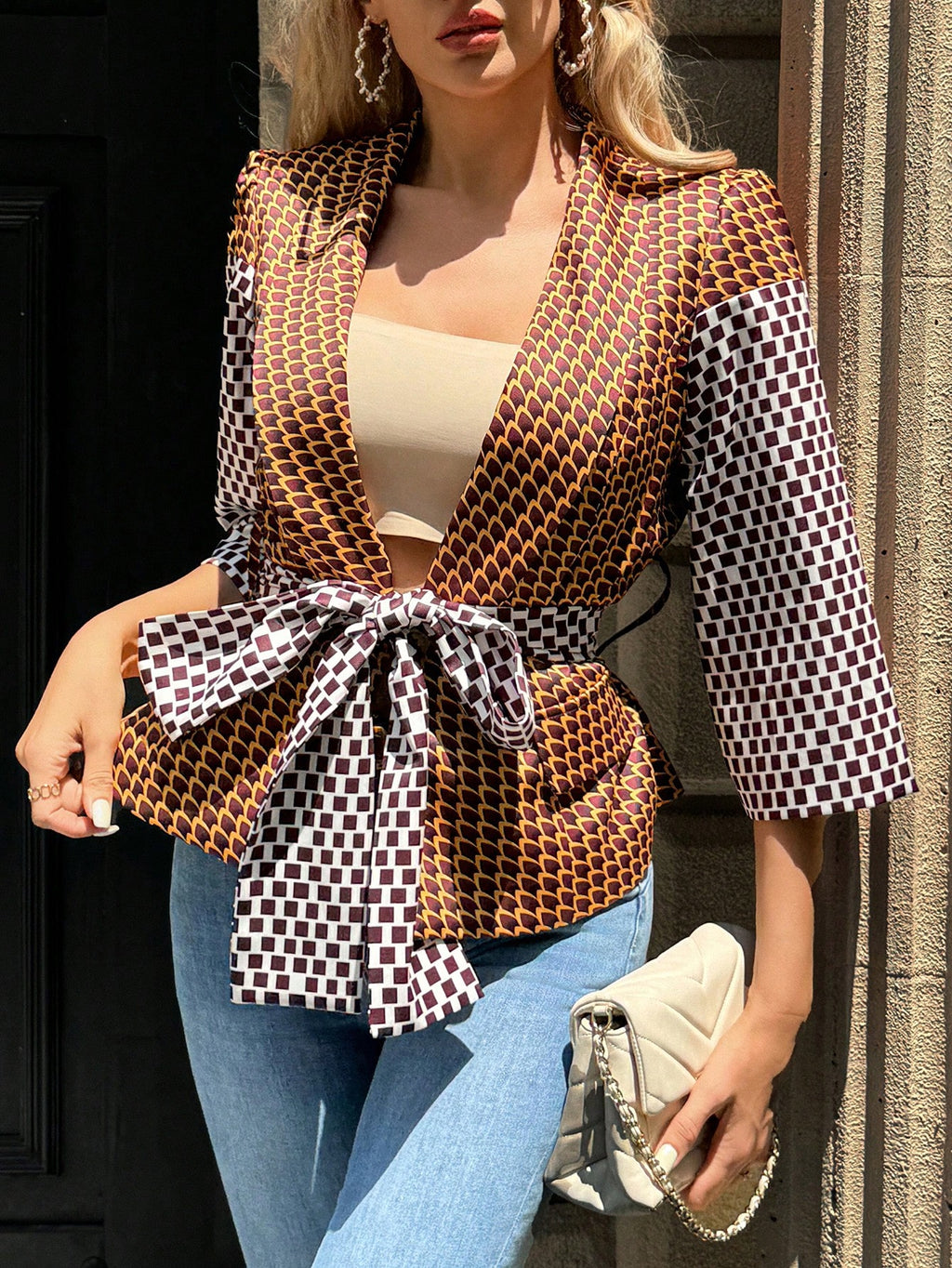 Women's Short Printed Tie-Waist Lapel Notch Collar Patchwork Fashionable  Blazer - Multicolor