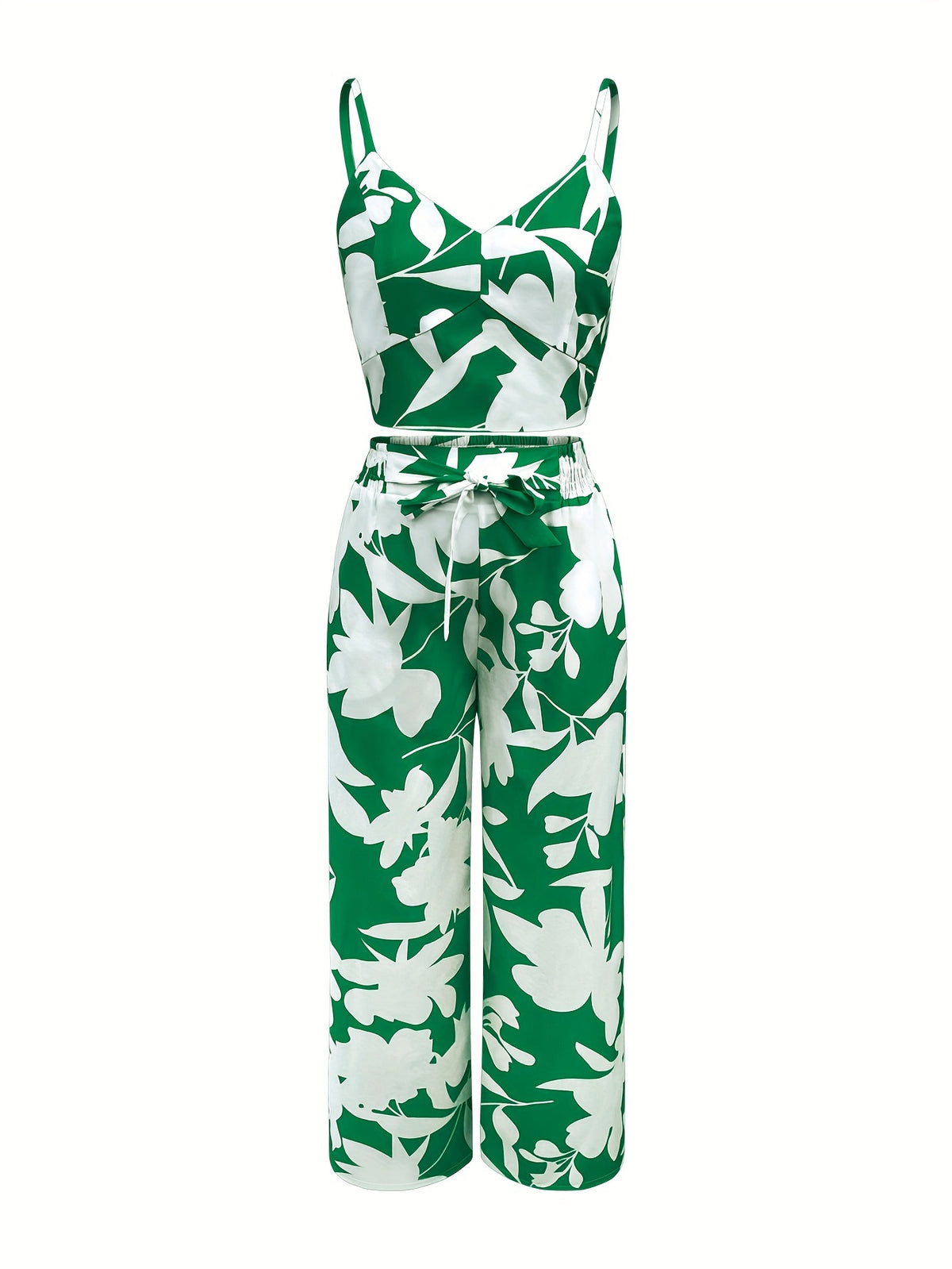 New Summer Fashion Versatile Elegant V-Neck Camisole Paired with Tie-Up Long Pants Set for Women - Green