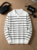 Men's Vintage Nautical Lapel Knit Long-Sleeve Sweater with Classic Thin Horizontal Stripe Design, Relaxed V-Neck Pullover Suitable for Layering or Wearing as a Casual Outerwear Cardigan - White