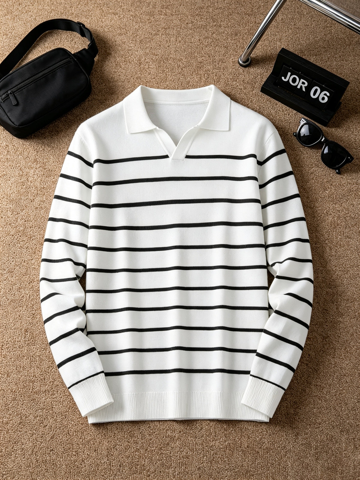 Men's Vintage Nautical Lapel Knit Long-Sleeve Sweater with Classic Thin Horizontal Stripe Design, Relaxed V-Neck Pullover Suitable for Layering or Wearing as a Casual Outerwear Cardigan - White