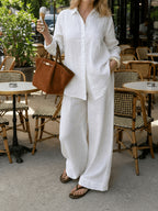 Old Money Style Women'S Pure Elegant Outfit, Suitable for Spring/Summer And Holidays | 2pcs Casual Set, Shirt And Wide-Leg Pants - White
