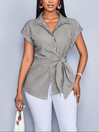 Fashion Batwing Sleeve Waist Tie Striped Shirt Office Home Date Outfit - Black