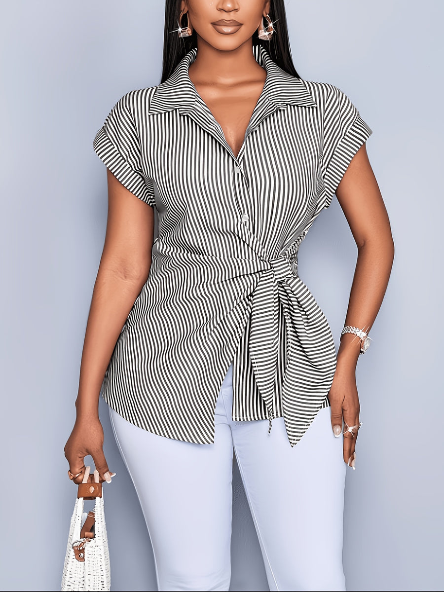 Fashion Batwing Sleeve Waist Tie Striped Shirt Office Home Date Outfit - Black