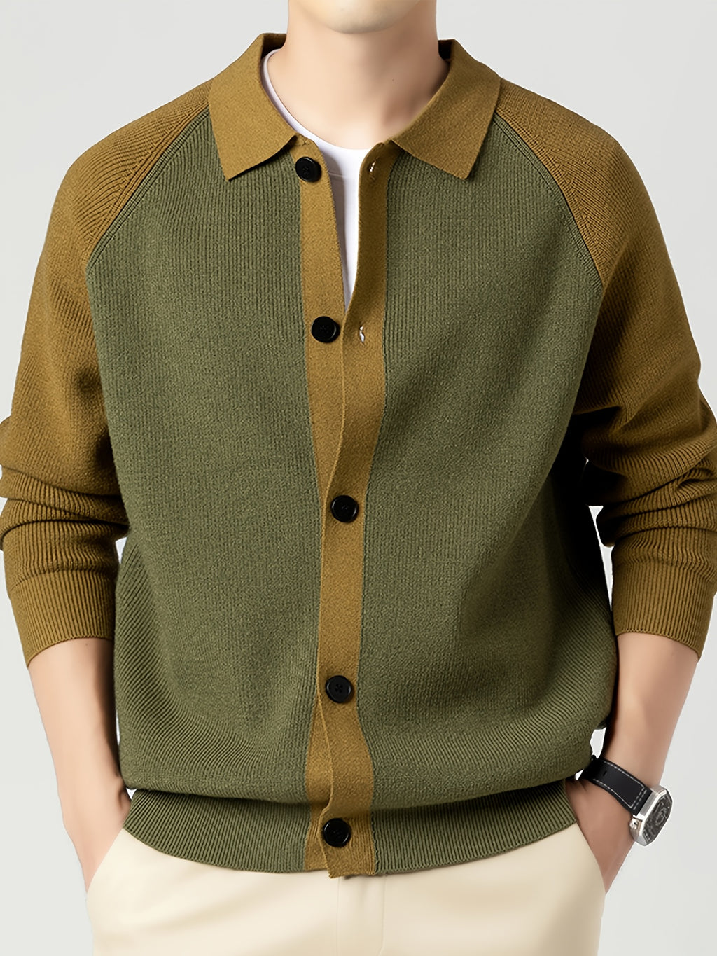 New High-Quality Knitted Cardigan with Lapel, Loose Fit, Fashionable Casual Color Block Men'S Fashion Handsome Autumn And Winter Velvet Blend Top Men'S Clothing - Khaki