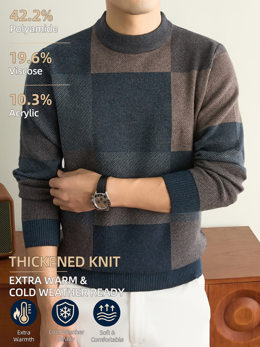 Men'S Autumn And Winter Knitted Pullover Sweater, Classic Crew Neck with Color-Block Geometric Design, Thick And Warm for Cold Weather, Ideal for Casual Wear, Outdoor Activities, Camping, Hiking, And Fishing, Gift for Dad Or Husband - Dark Gray