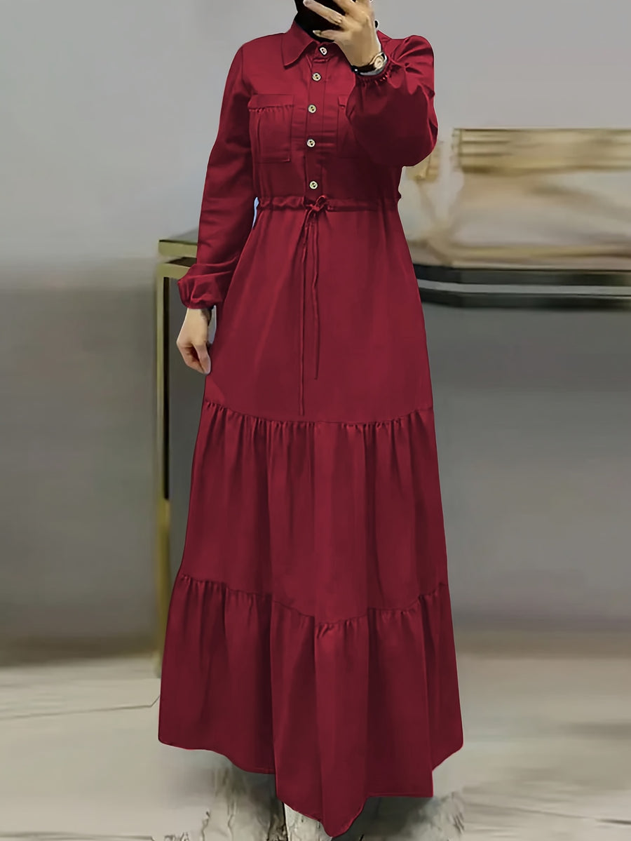A Solid Color Long-Sleeve Dress for Women with a Fitted Waist, Tie Detail, And Ruffled Hem - Burgundy
