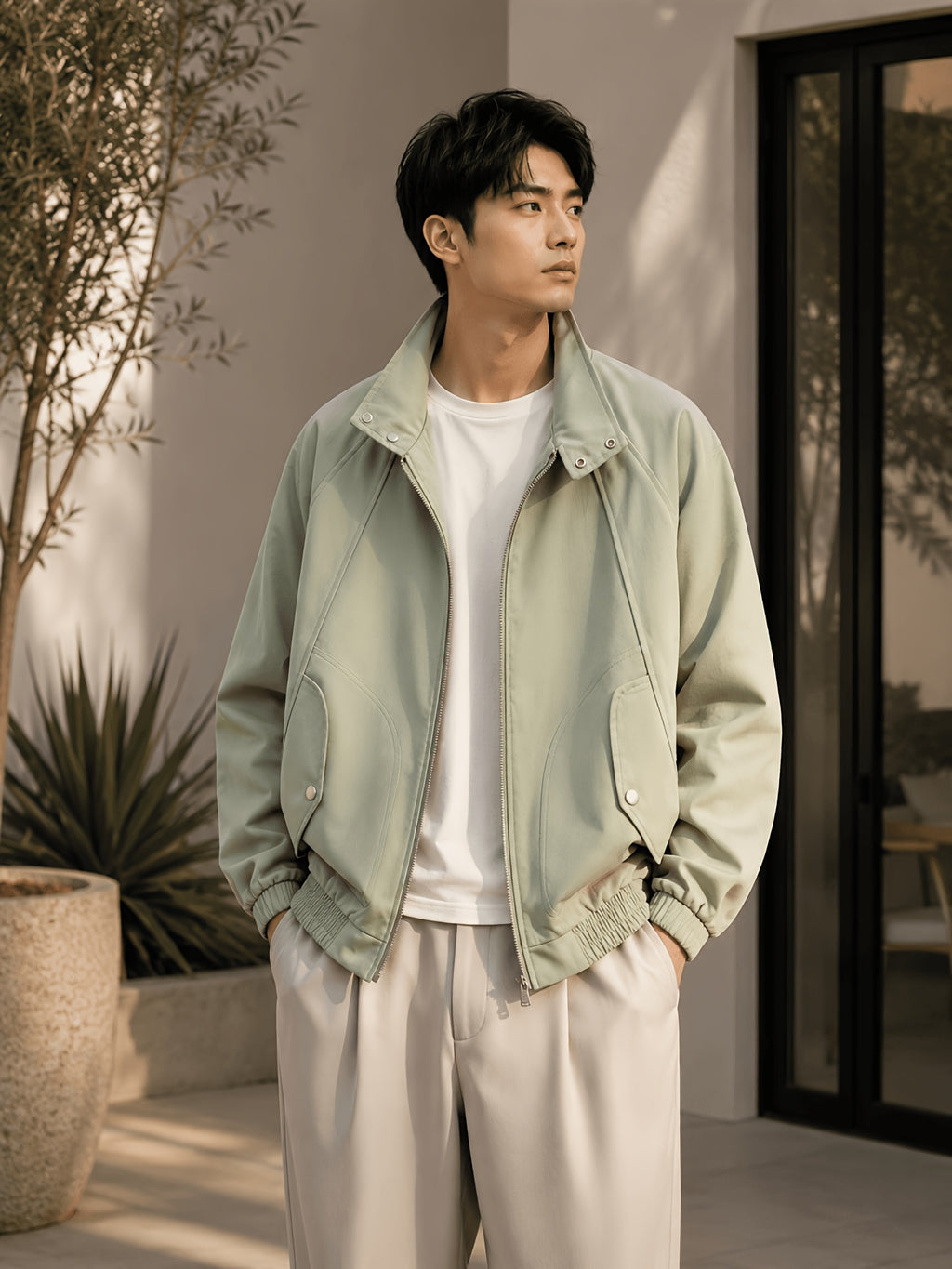 2026 New Men'S Stand-Up Collar Jacket, Windproof Premium Lightweight Breathable Durable Comfortable Fabric, Loose Casual Fit Outerwear, Suitable for Streetwear, Daily Leisure, Commuting, And Outdoor Travel, Full Zipper Closure - Pea Green Color