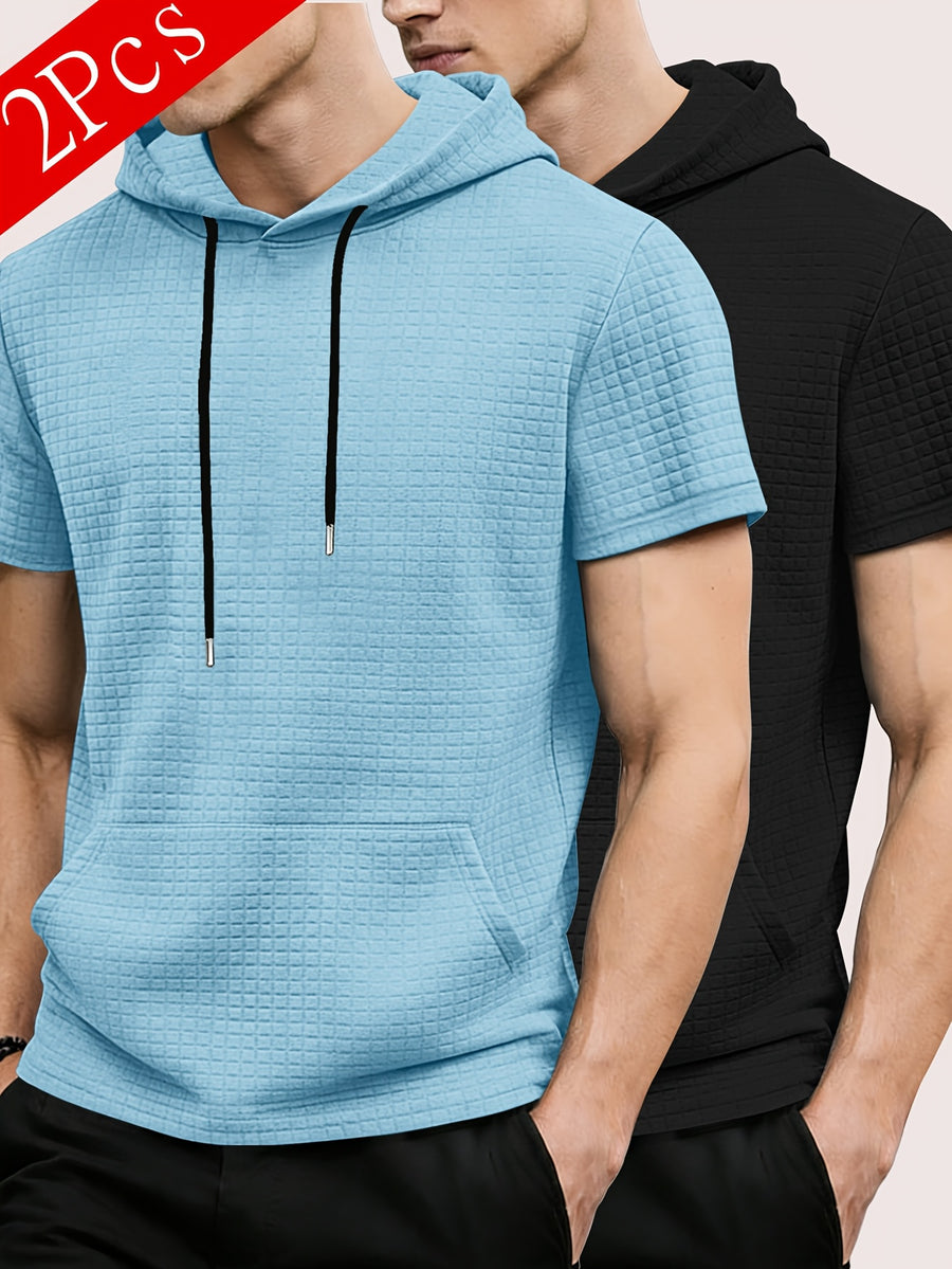 2pcs Men's Waffle Knit Short-Sleeve Hoodie with Kangaroo Pocket, Soft and Breathable Fabric, Multiple Color Options, Versatile, Simple, Stylish, and Casual for Daily Wear or Sports, a Great Choice for Holiday Gifts for Fathers, Partners, and Friends - Sky Blue+Black