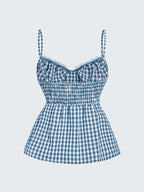 Women's Plaid Button Lace Trim Spliced Spaghetti Strap Top - Sky Blue