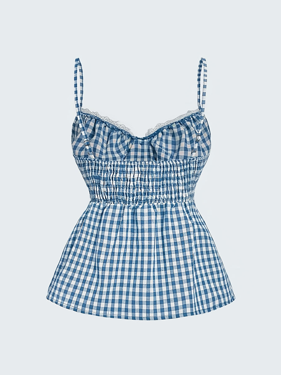 Women's Plaid Button Lace Trim Spliced Spaghetti Strap Top - Sky Blue
