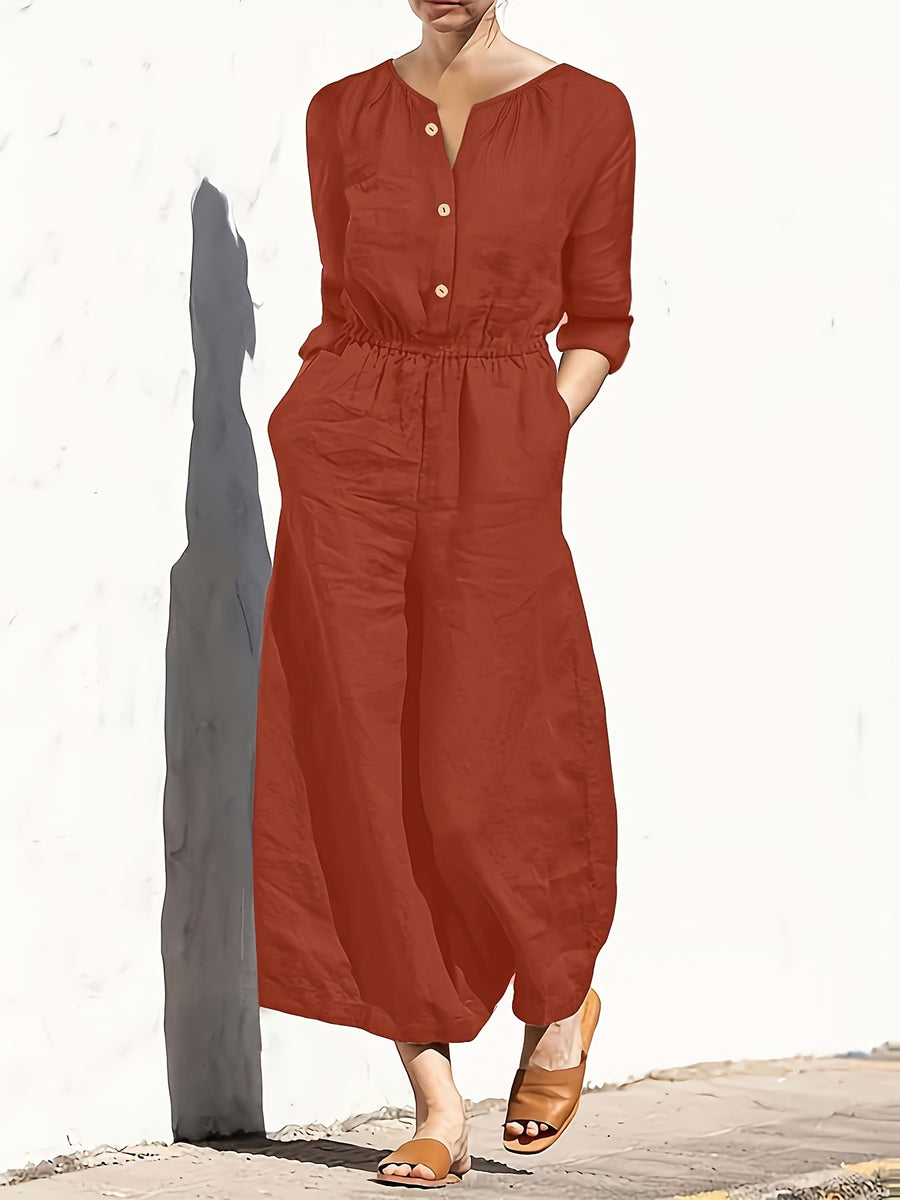 Summer New Fashion Casual Double Pocket Women's Jumpsuit with Button Detail for Vacation - Orange