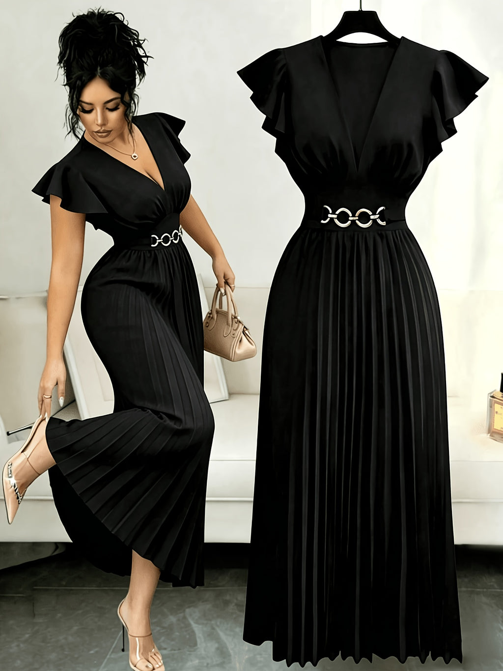 Spring And Summer New Elegant Ladies Slim V-Neck Dress with Pleated Craftsmanship, Large Skirt, Ruffled Lotus Leaf Sleeves, Valentine'S Day Party Gathering Elegant Dress, Commuting Fashion Skirt - Black