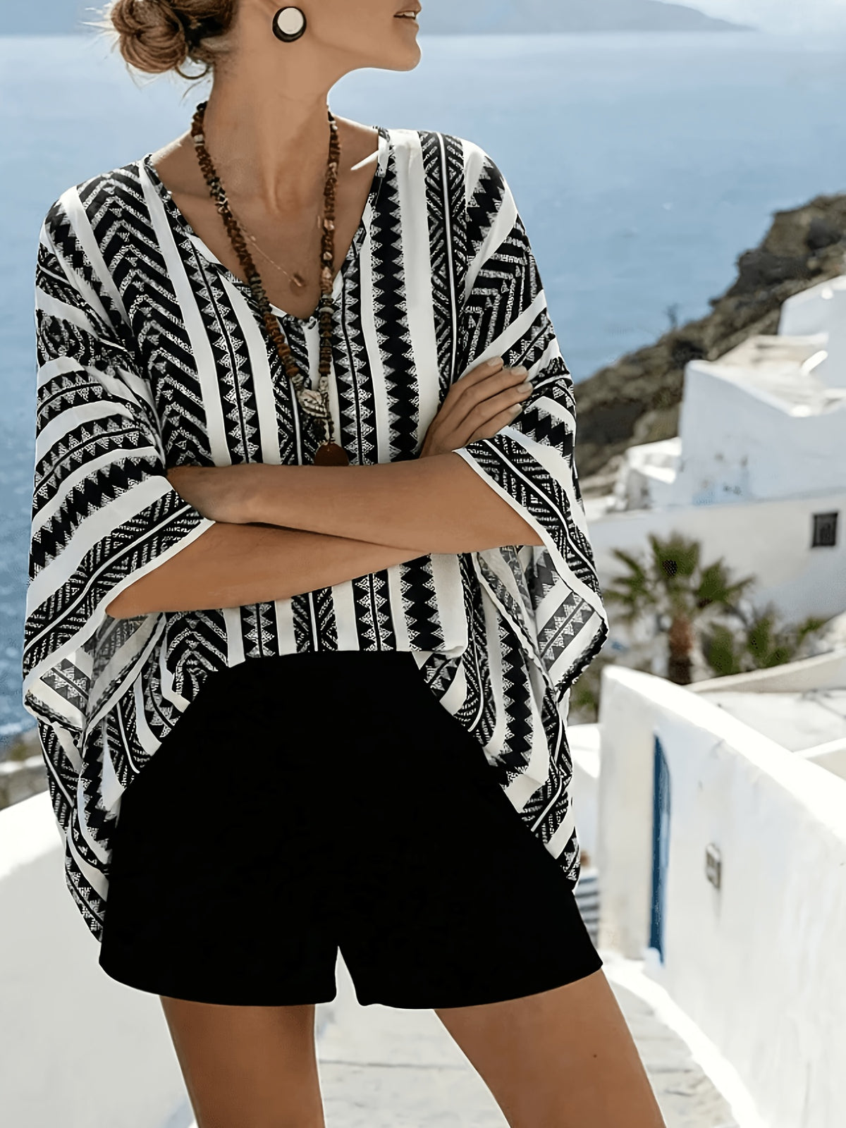 New Vintage Bohemian Striped Geometric Print Loose Women's Shirt - Polychrome
