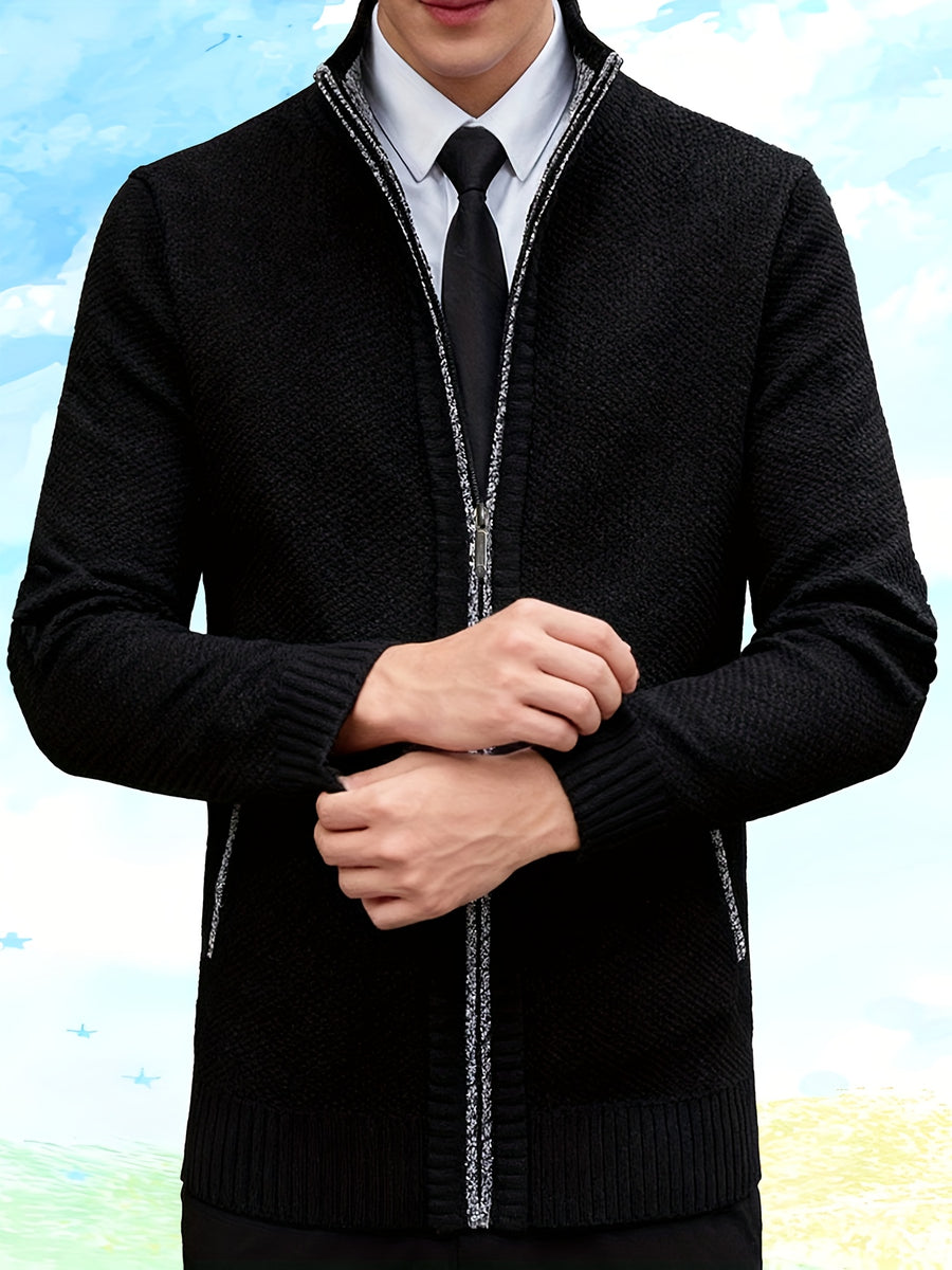 Autumn and Winter Casual Sweater Cardigan Jacket for Men, Thick Zipper Jacket with a Slightly Loose Three-dimensional Cut, Hiding Flesh and Slimming Without Dragging, Easily Creating a Fashionable Business Image (only Includes 1 Jacket) - Black