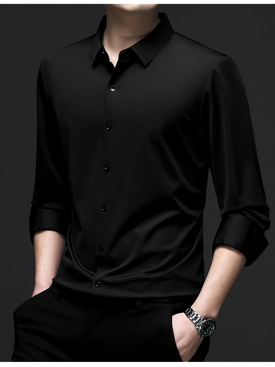 High-end Men's Casual Fashion Wrinkle-Resistant Thin Seamless Stretch Business Solid Color No-Iron Long Sleeve Shirt - Black