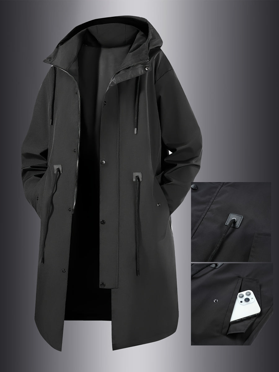 Spring And Autumn Men'S Outdoor Long Trench Coat Fashion Light Luxury Black Trench Coat Light Business Long Hooded Coat Black Coat Jacket - Black