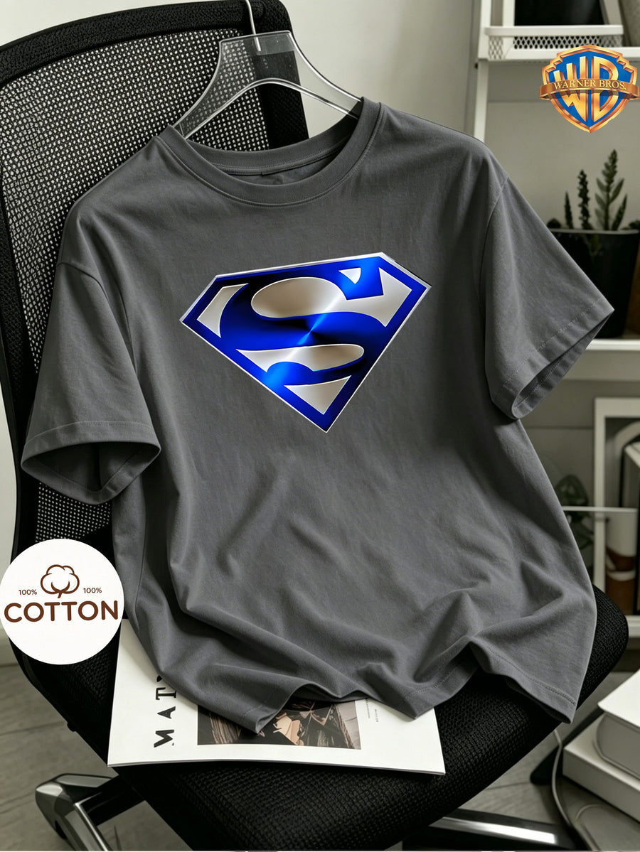 [Warner Authorized] 100% Cotton, Superman Blue Silvery Metal Spring/summer/autumn/winter Men's and Women's Short Sleeved T-shirt, Round Neck Comfortable Top, Soft and Comfortable Fabric, Perfect for Home, Sports, Outdoor, Casual and Daily Wear - Dark Gray