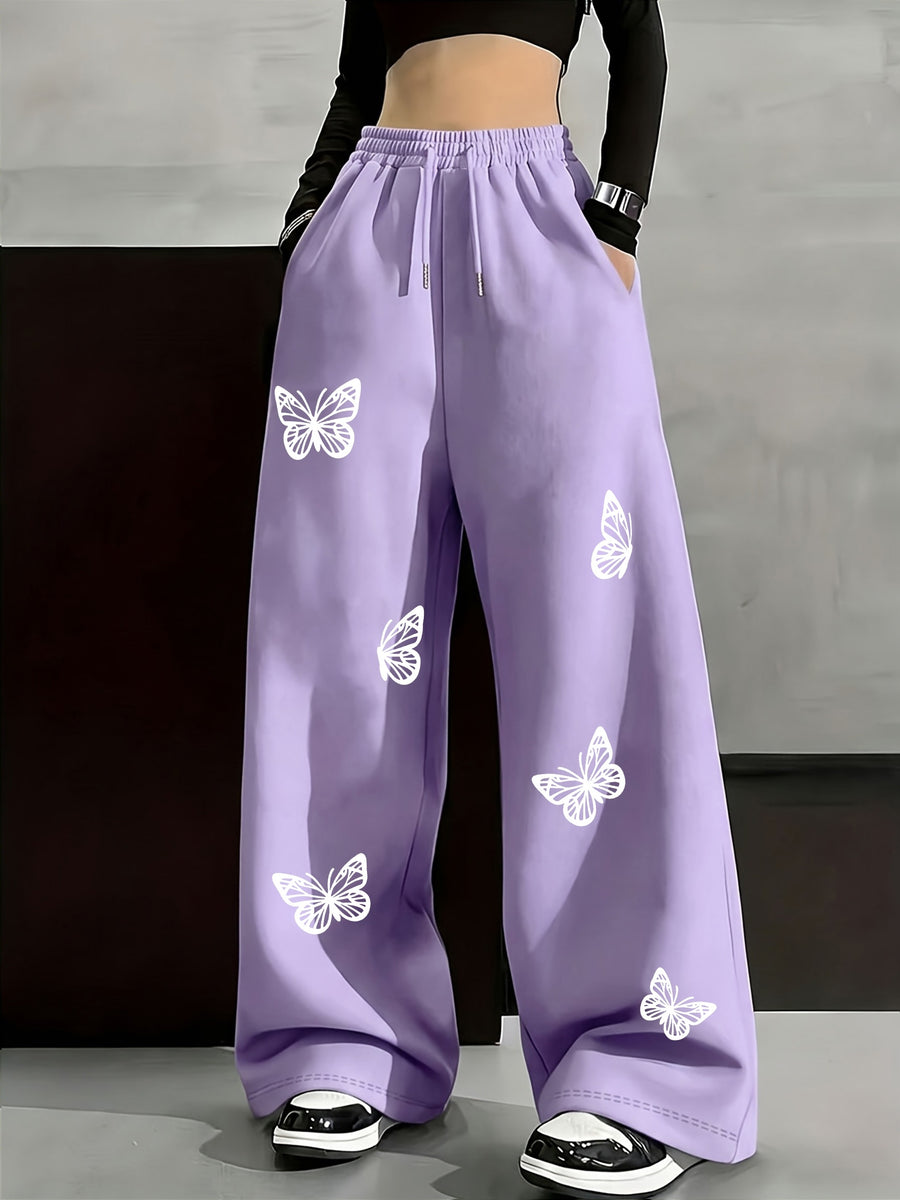 Spring And Autumn Women'S Fun Printed Hip-Hop Style, Butterfly Silhouette Printed Street Fashion, Comfortable Retro Basic Fashion Commute All-Match Y2K Apparel Women'S Clothing, Suitable for Outdoor Leisure - Purple
