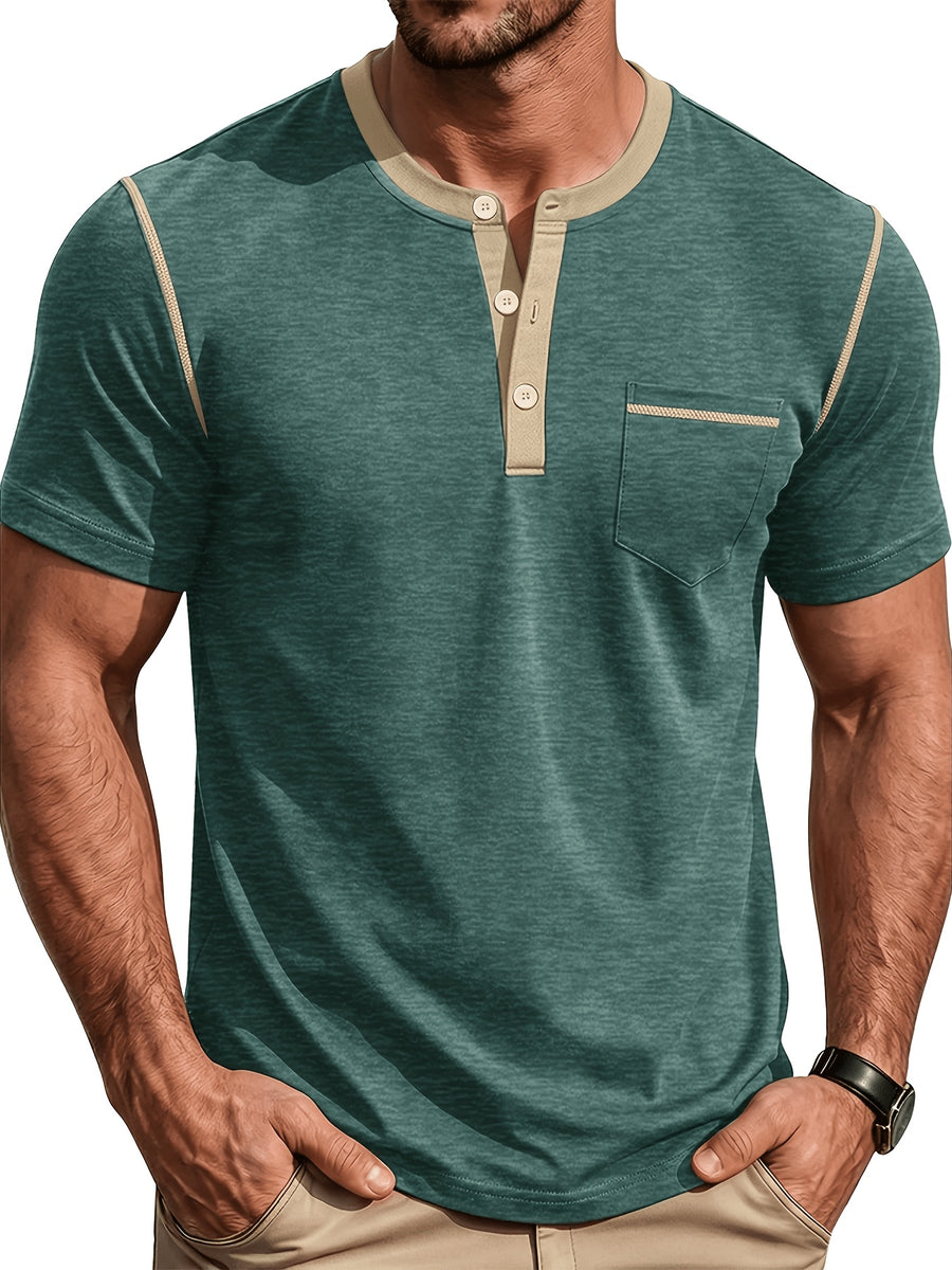 Men'S Spring Summer New Light Luxury Color-Block Henley Collar Short Sleeve T-Shirt, Half-Button 3-Button American Retro Top, High-Stretch Soft And Skin-Friendly Fabric, Breathable And Comfortable - Green